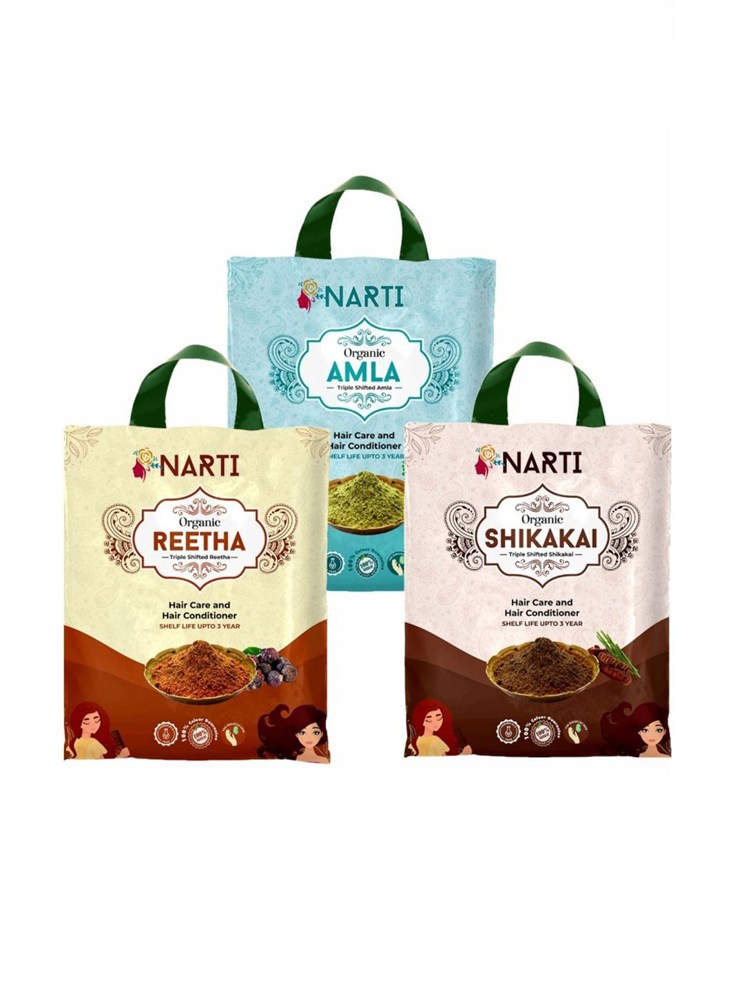 NARTI 3 Pcs Organic Amla shikakai and Reetha powder for hair- 300gm Each