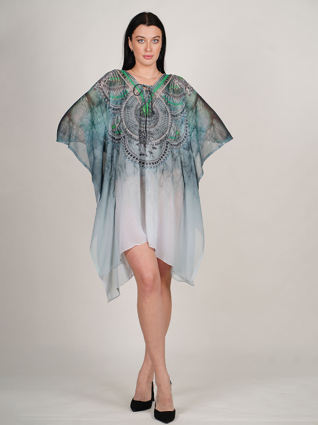 ravi rajoria Printed Kimono Sleeves Georgette Kaftan Maxi Dress