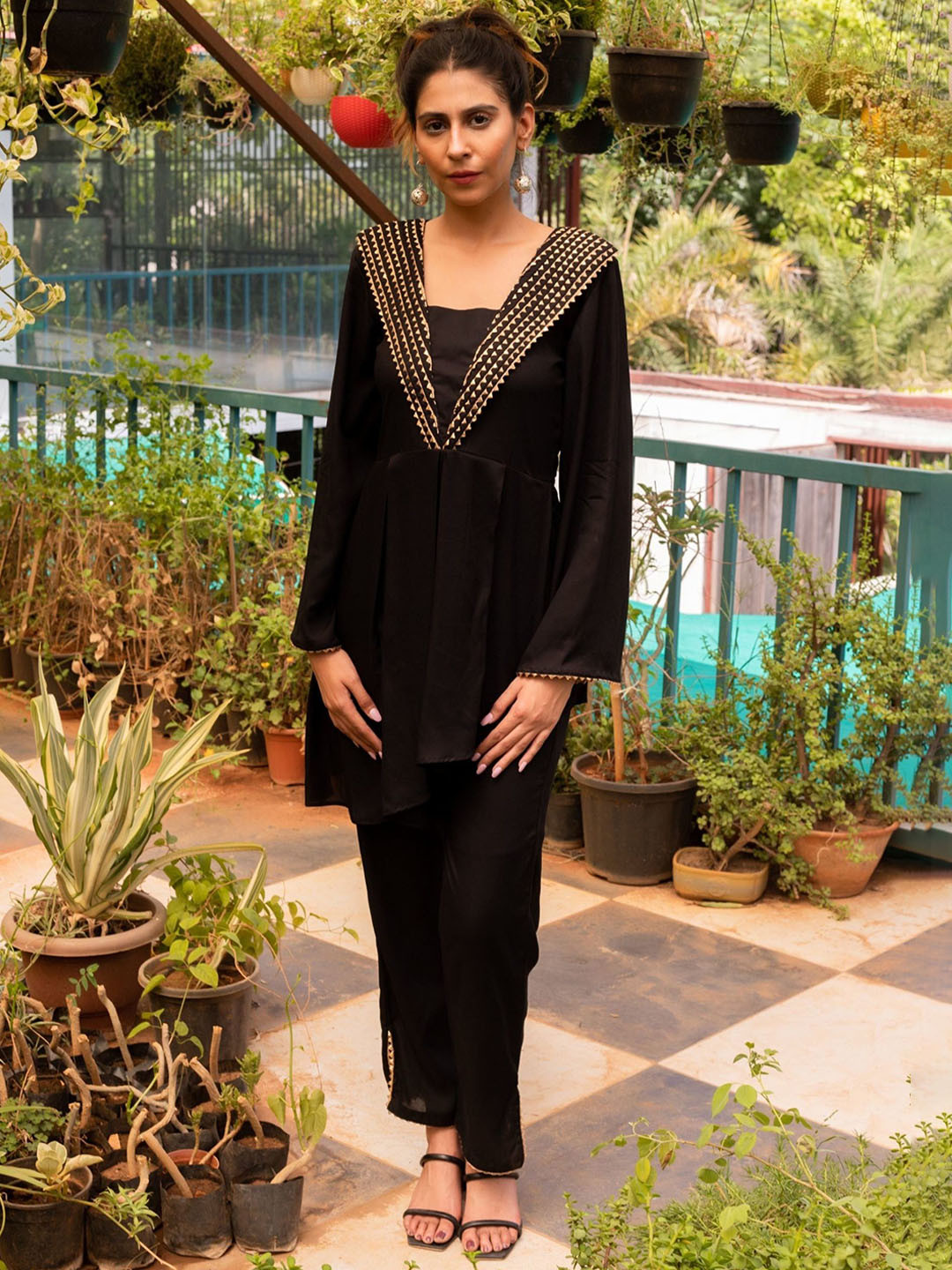 JORASA Geometric Printed Square Neck Tunis with Trousers