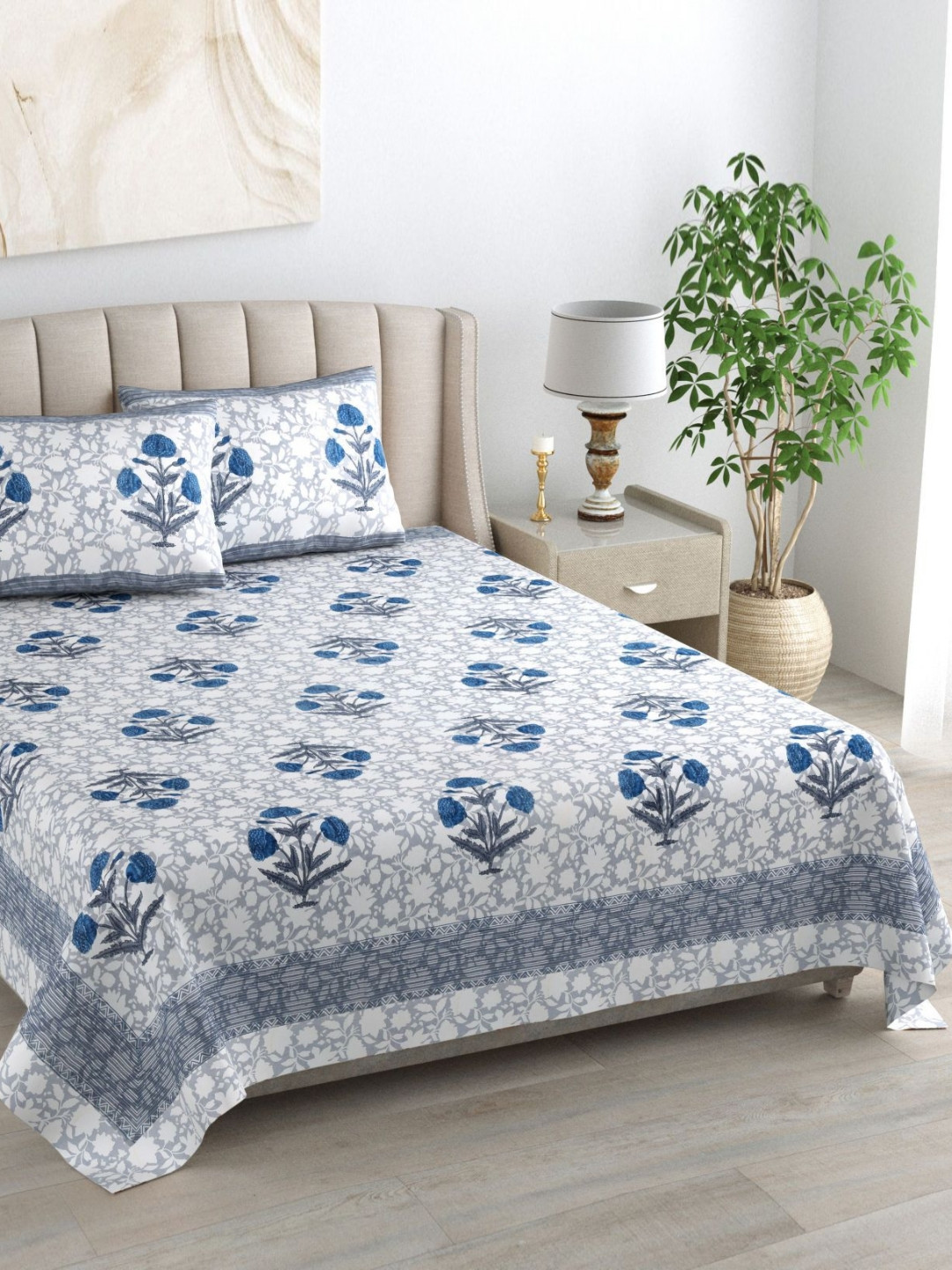 Urban Jaipur Kaya Blue Floral Cotton 250 TC King Superfine Bedsheet with 2 Pillow Covers-241 x 274 cm