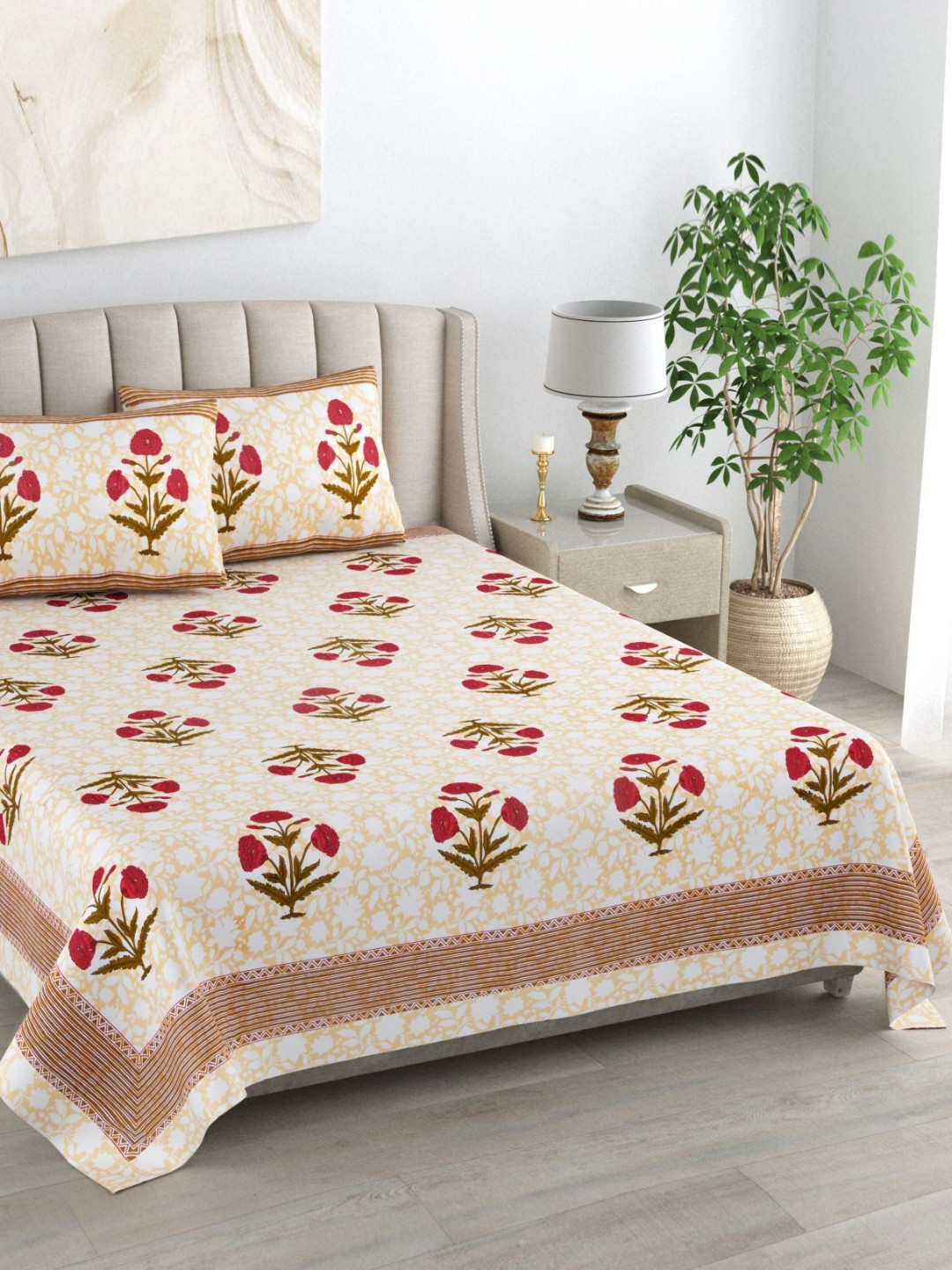 Urban Jaipur Kaya Collection Cream Ethnic Motifs Cotton 250 TC King Superfine Bedsheet with 2 Pillow Covers-241 x 274 cm