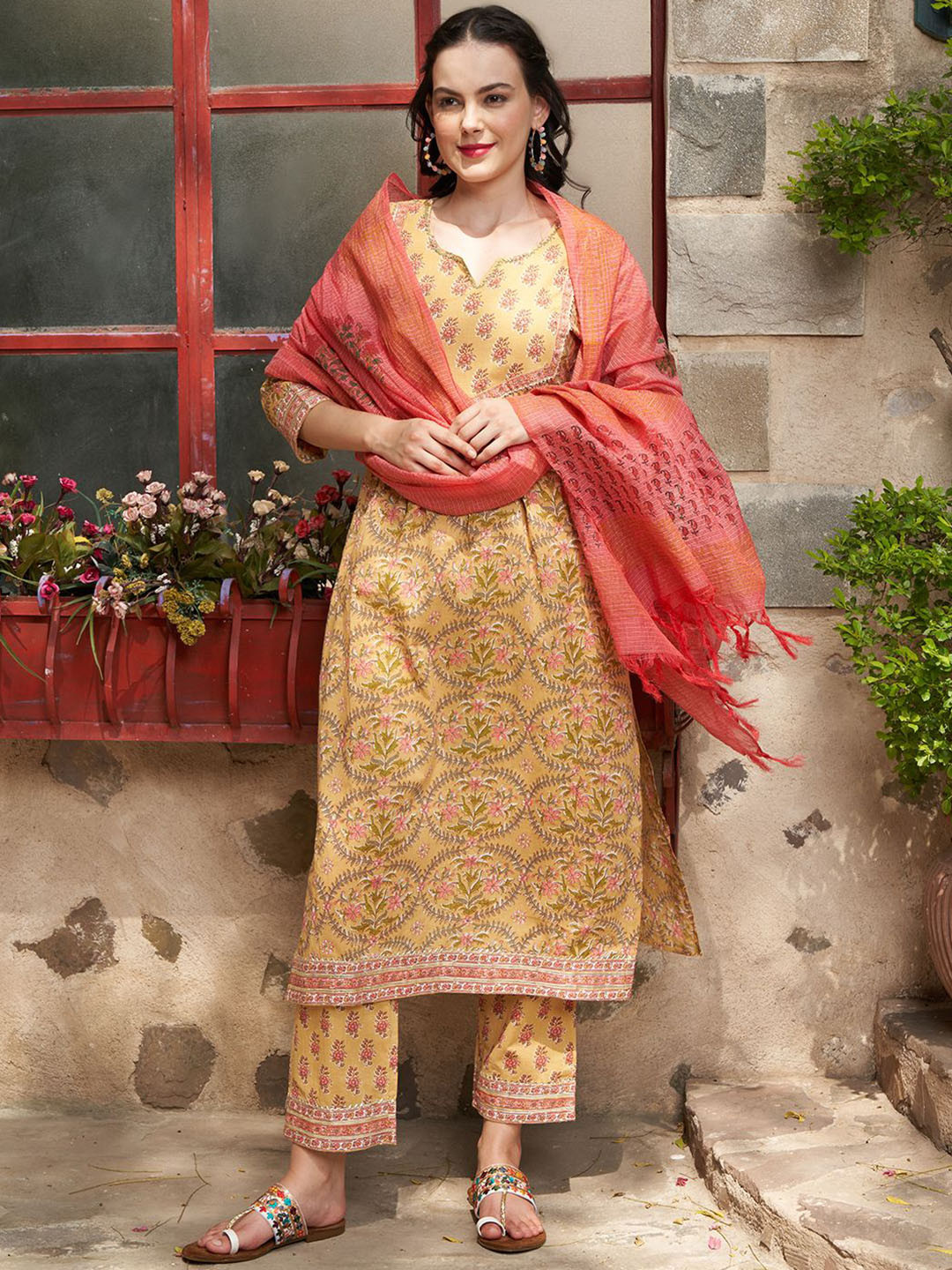 BANDIA Floral Printed Notch Neck Pure Cotton A-Line Kurta with Trousers & Dupatta