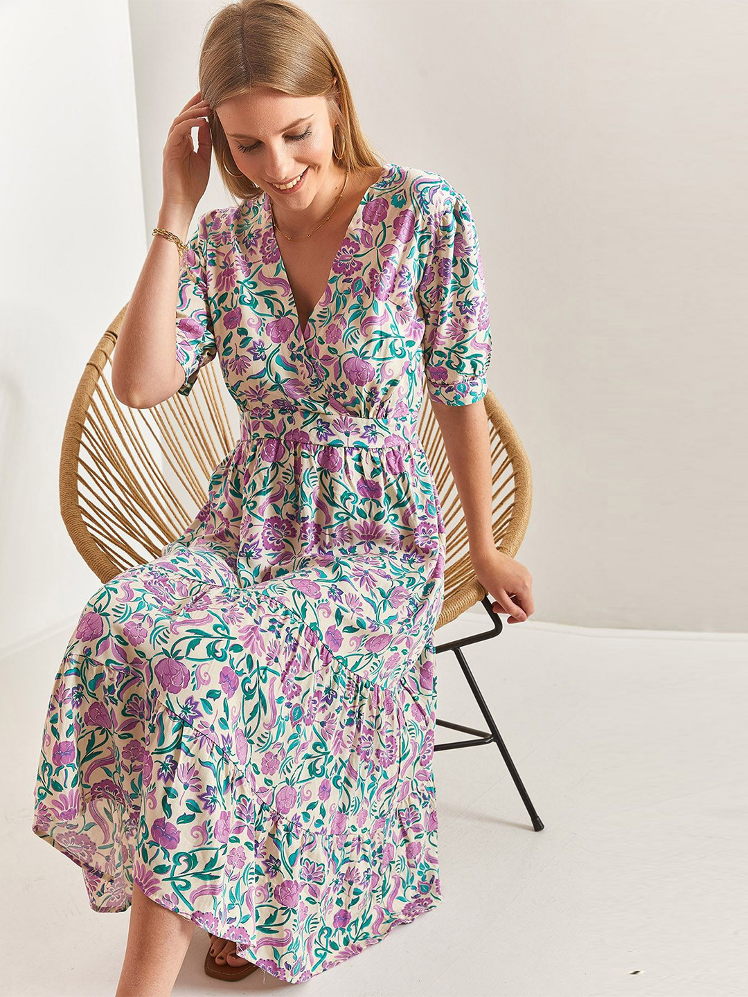 BIANCO LUCCI Women's Floral Print Puff Sleeve Midi Dress