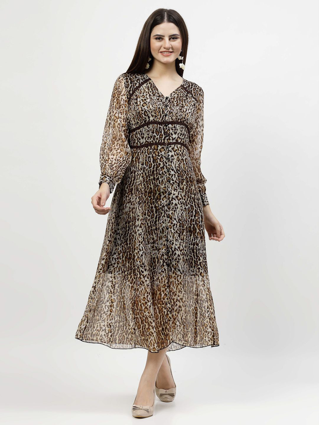 COSMIC TRIO Animal Print Bishop Sleeve Chiffon A-Line Midi Dress