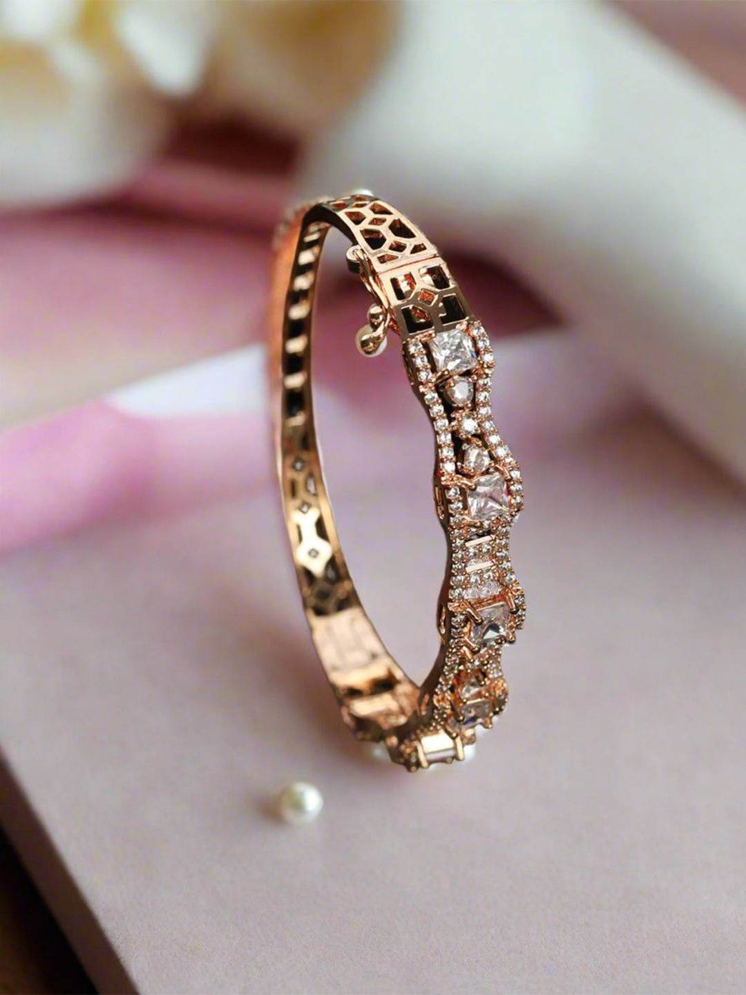 Anouk Rose Gold-Plated American Diamond Bangle-Style Bracelet