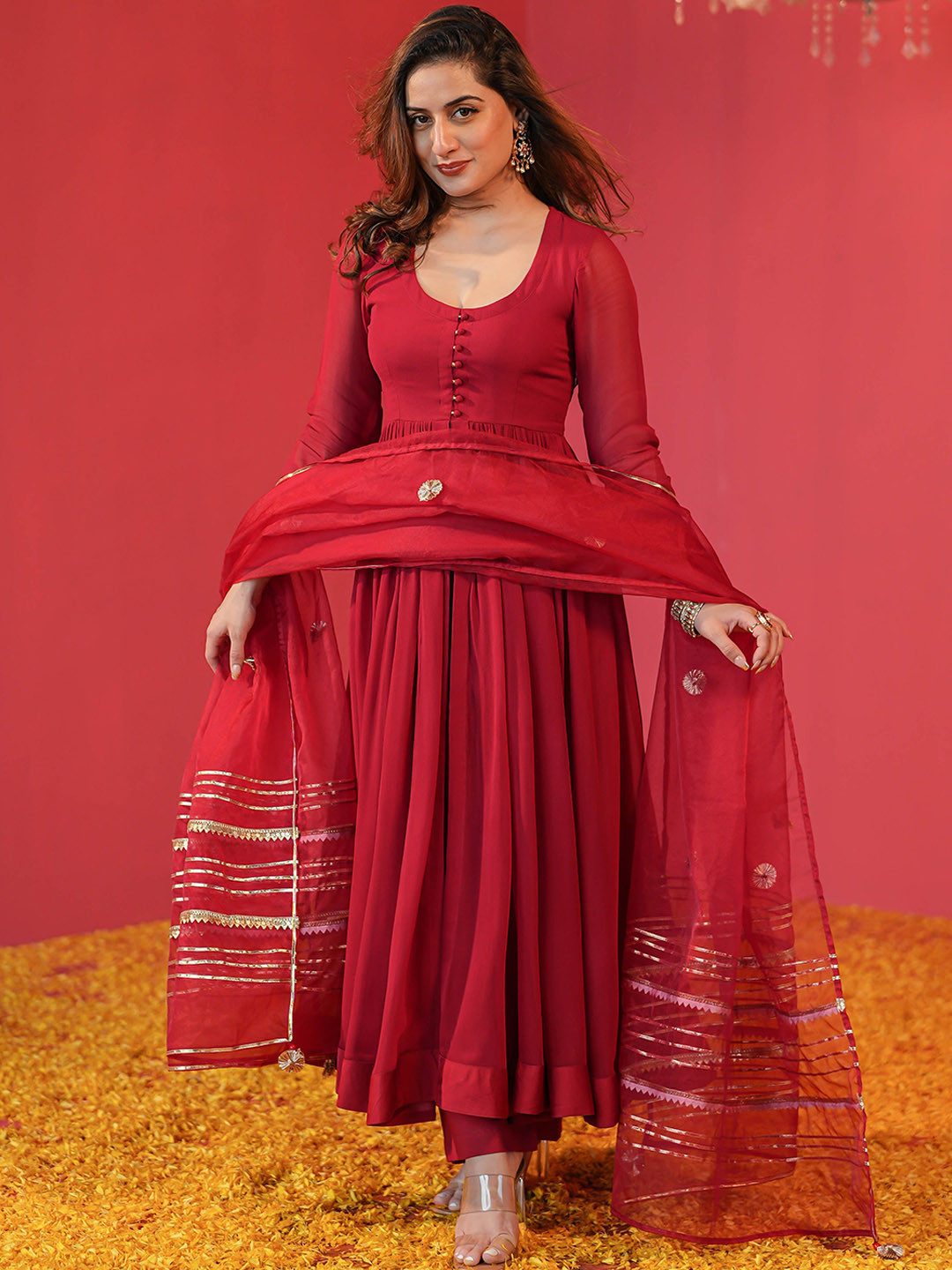 KALINI Solid Anarkali Kurta with Trousers & Dupatta