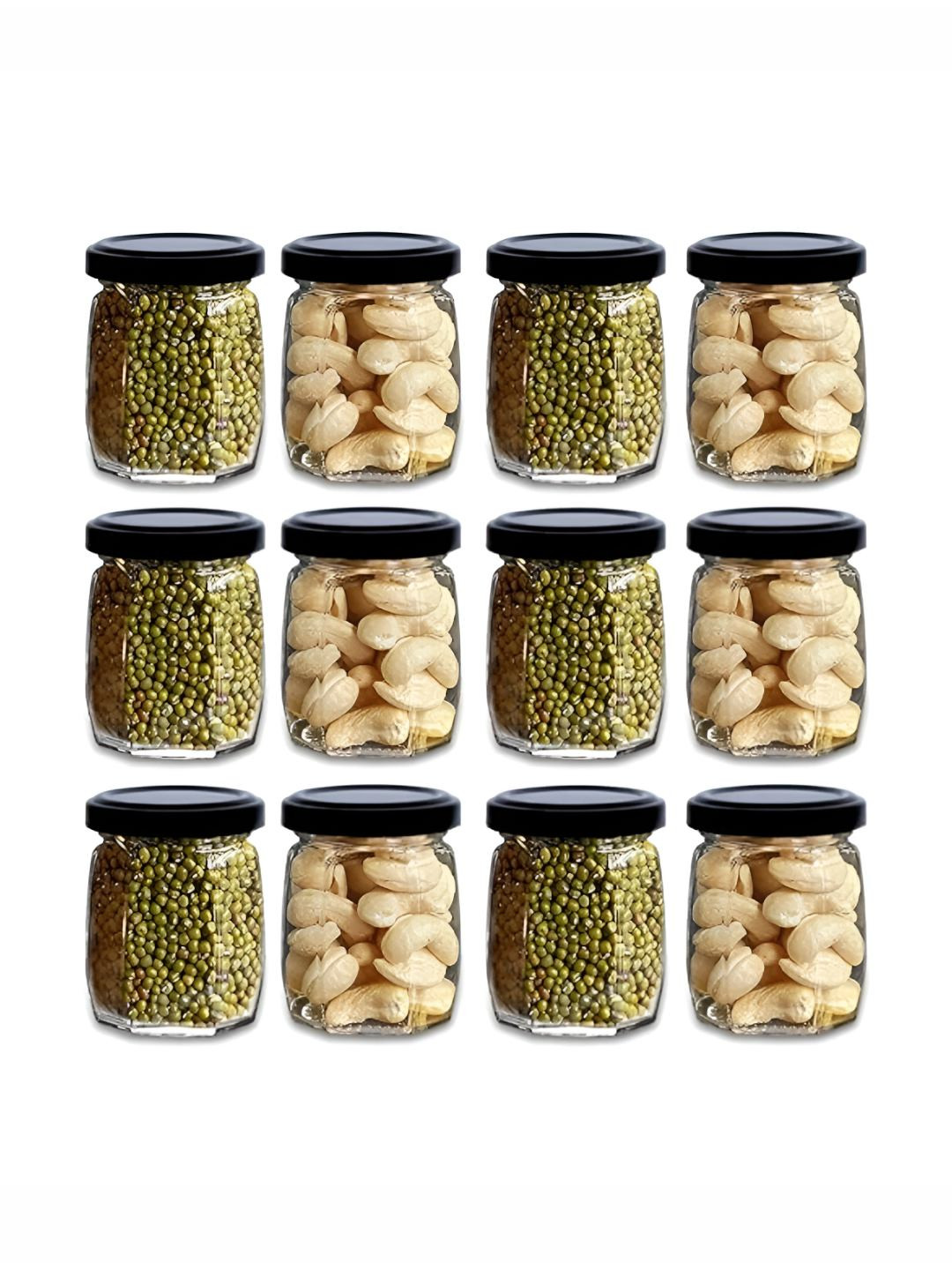 CROCO JAR Transparent 12 Pcs Piramal Hexagonal Shape Storage Glass Containers 250ml each