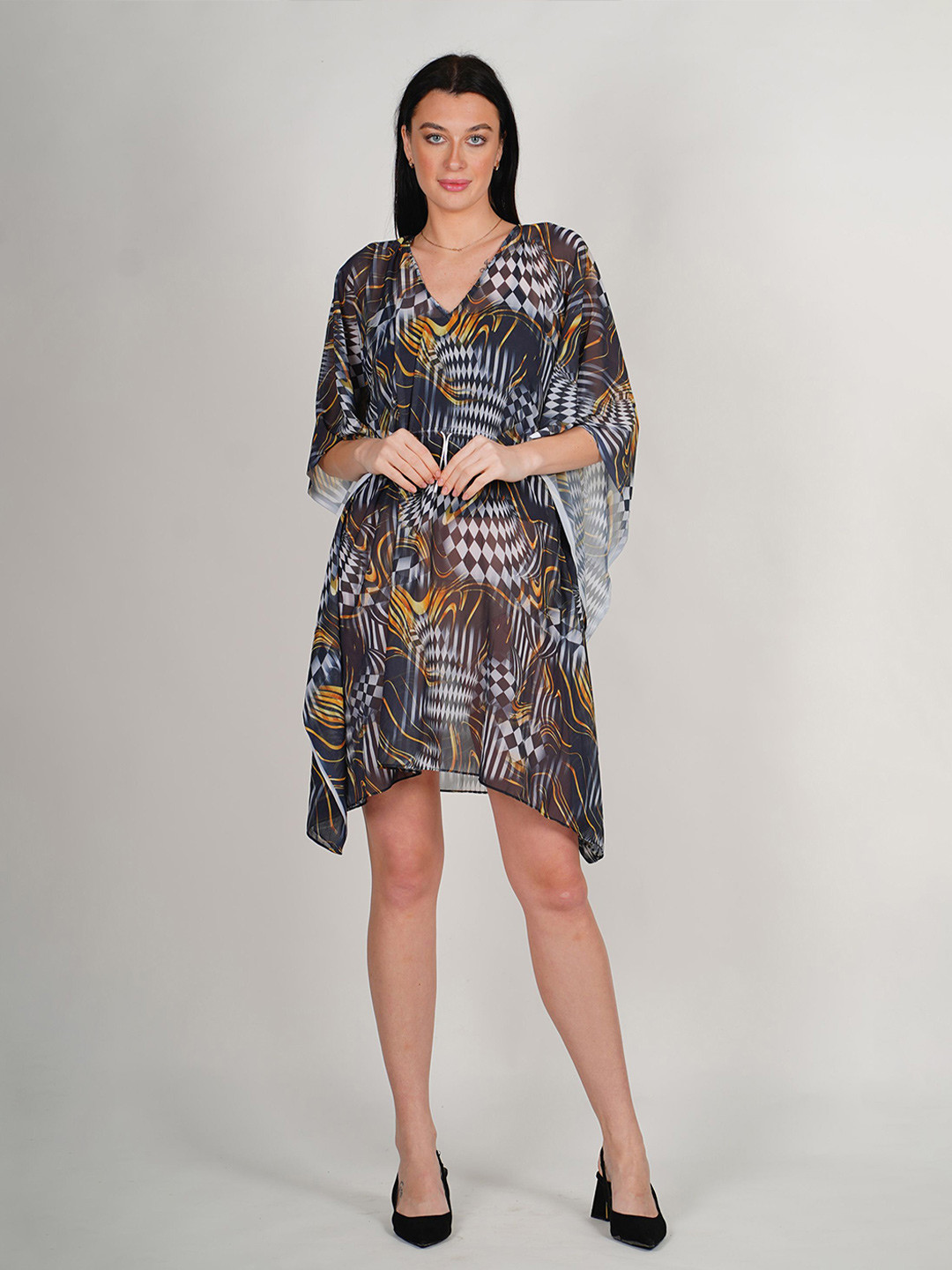 ravi rajoria Women Geometric Printed Kimono Sleeves Kaftan Maxi Dress