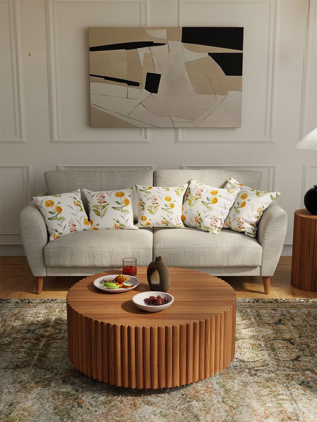 URBAN SPACE White Floral Cotton Breathable 5 Piece Square Cushion Covers -16x16In