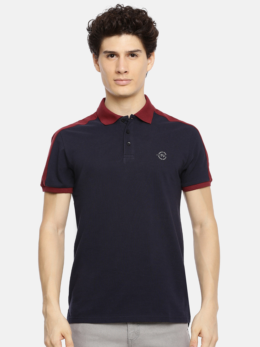 The Indian Garage Co Men Navy Blue & Red Solid Polo Collar T-shirt