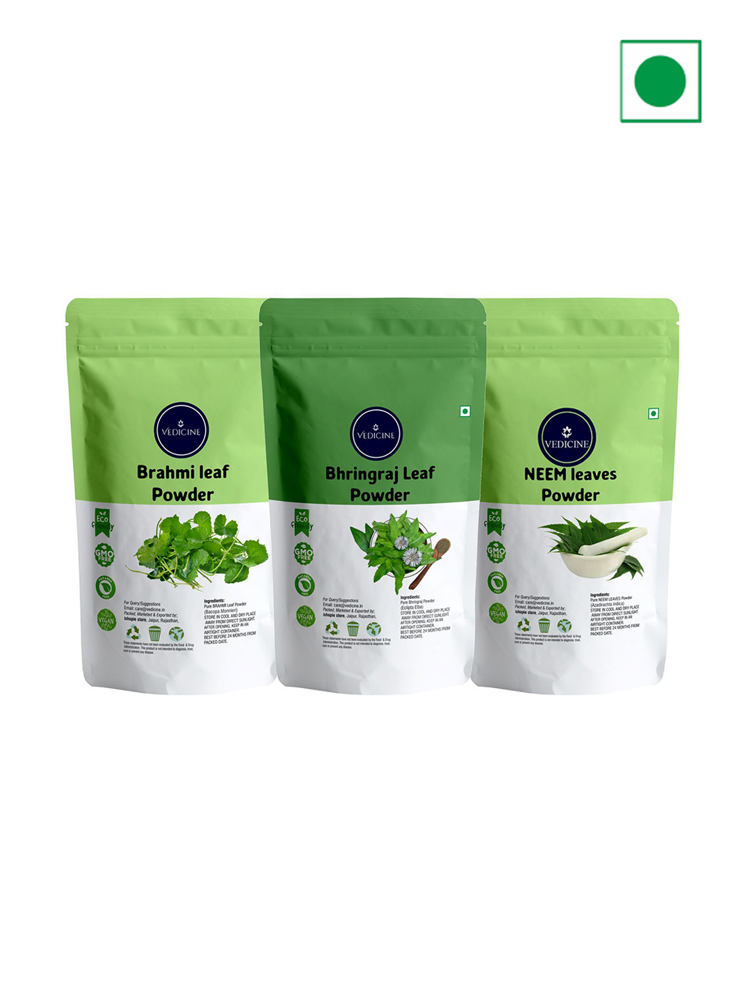 VEDICINE Set Of 3 Brahmi Bhirngraj & Neem Leaf Powder For Hair Care - 100 g Each