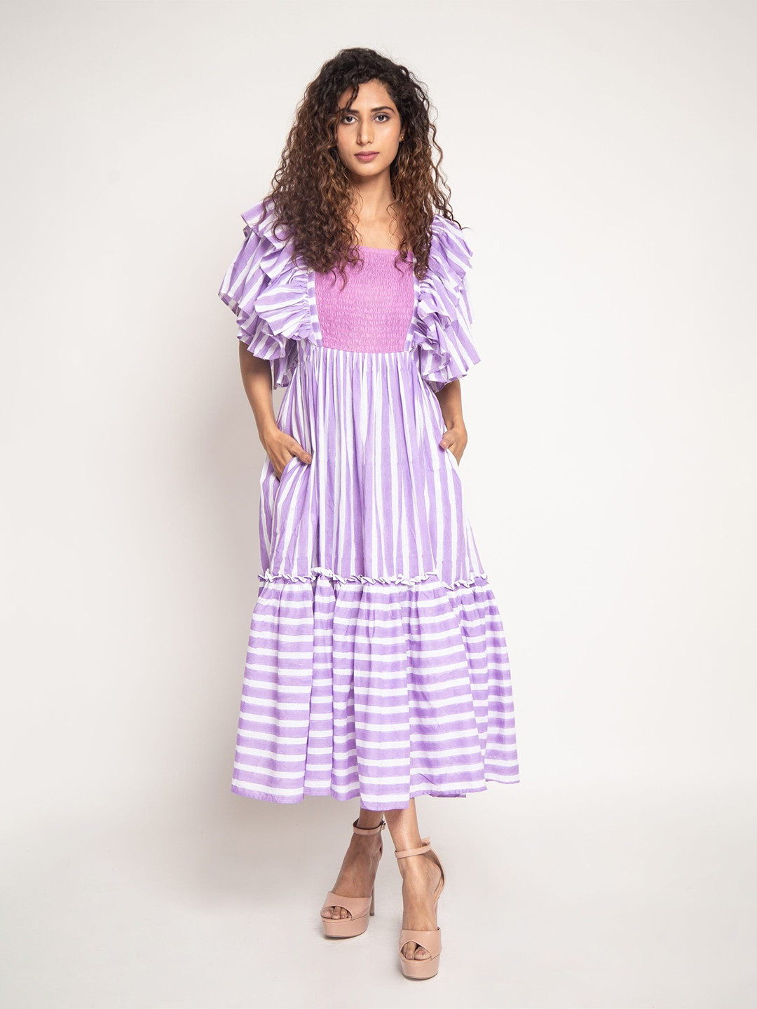 JORASA Flared Sleeve Fit & Flare Midi Dress
