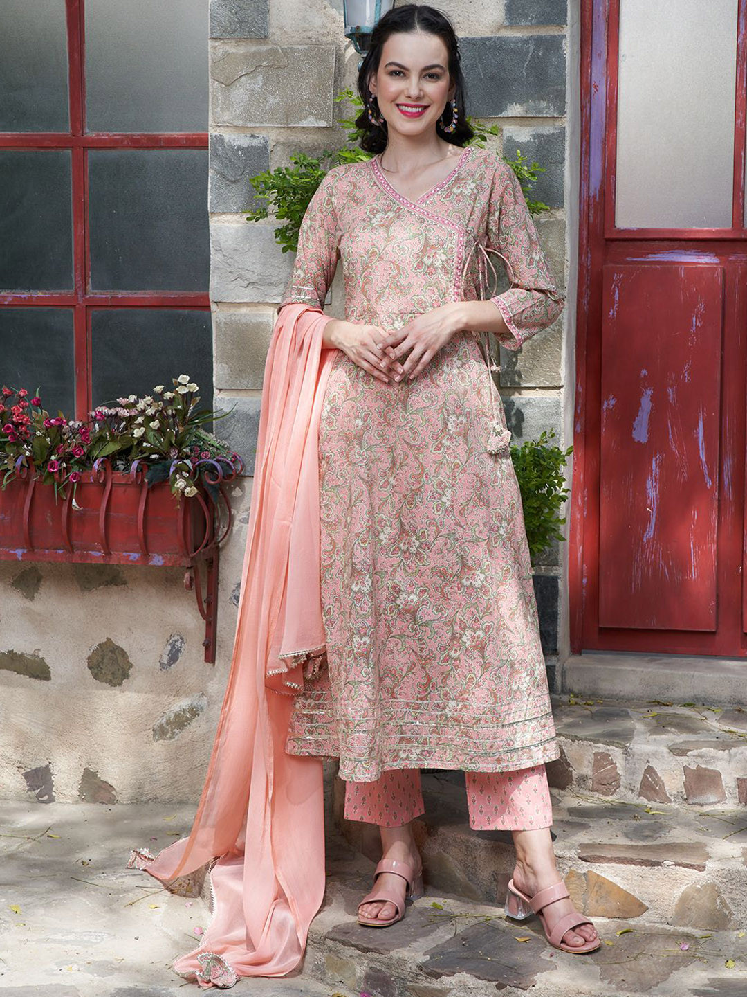 BANDIA Floral Print Panelled Sequinned Pure Cotton Anarkali Kurta with Trousers & Dupatta