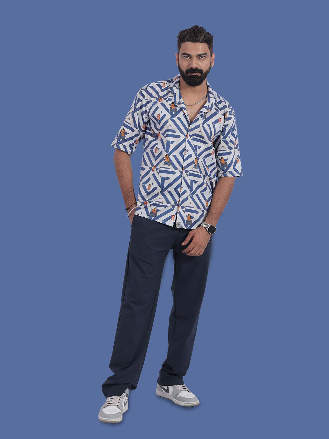 STITCH MONKEY Men Comfort Cuban Collar Chevron Printed Oversized Casual Shirt