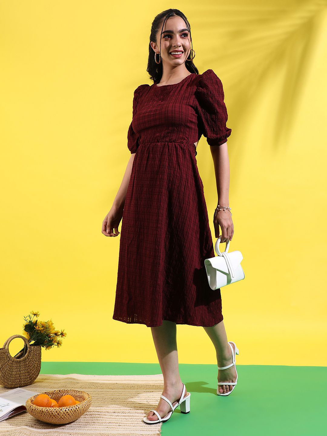 PINACOLADA A-Line Square Neck Self Design Midi Dress