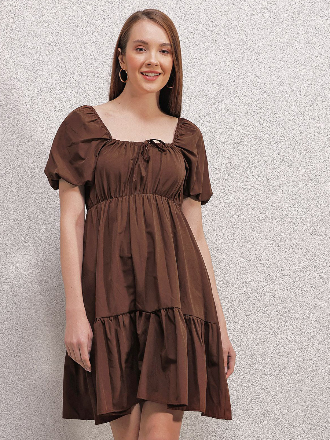 BIGDART Women Solid Puff Sleeve Fit And Flared Empire Dress