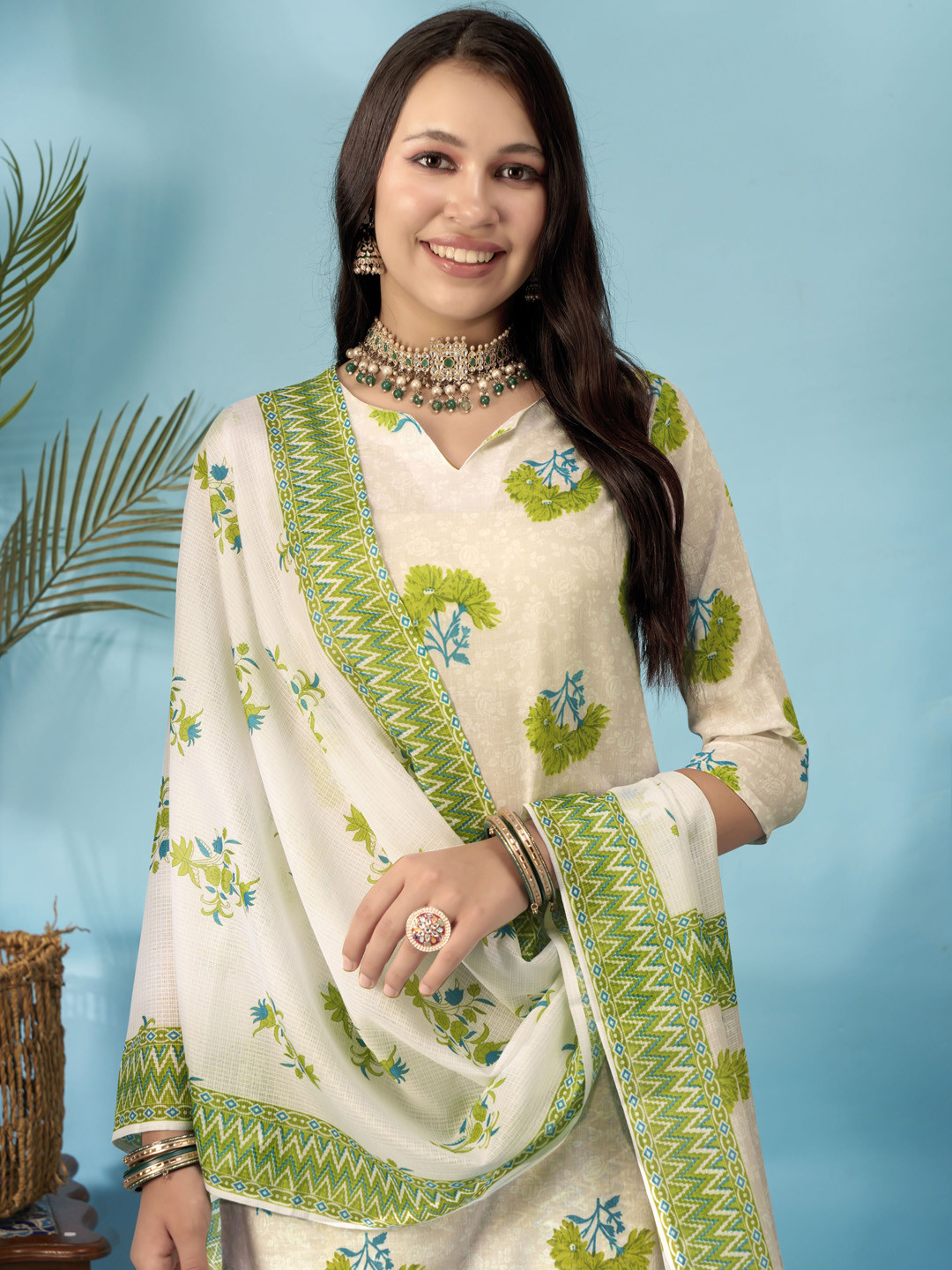 Anouk Rustic Cream-Coloured Floral Printed Notch Neck Straight Kurta with Trousers & Dupatta