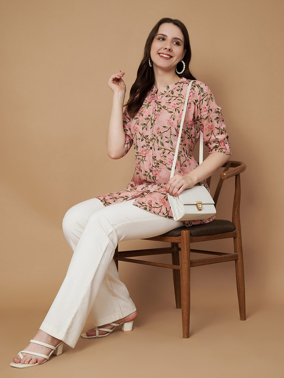 Cotton Crunch Floral Print Mandarin Collar Top