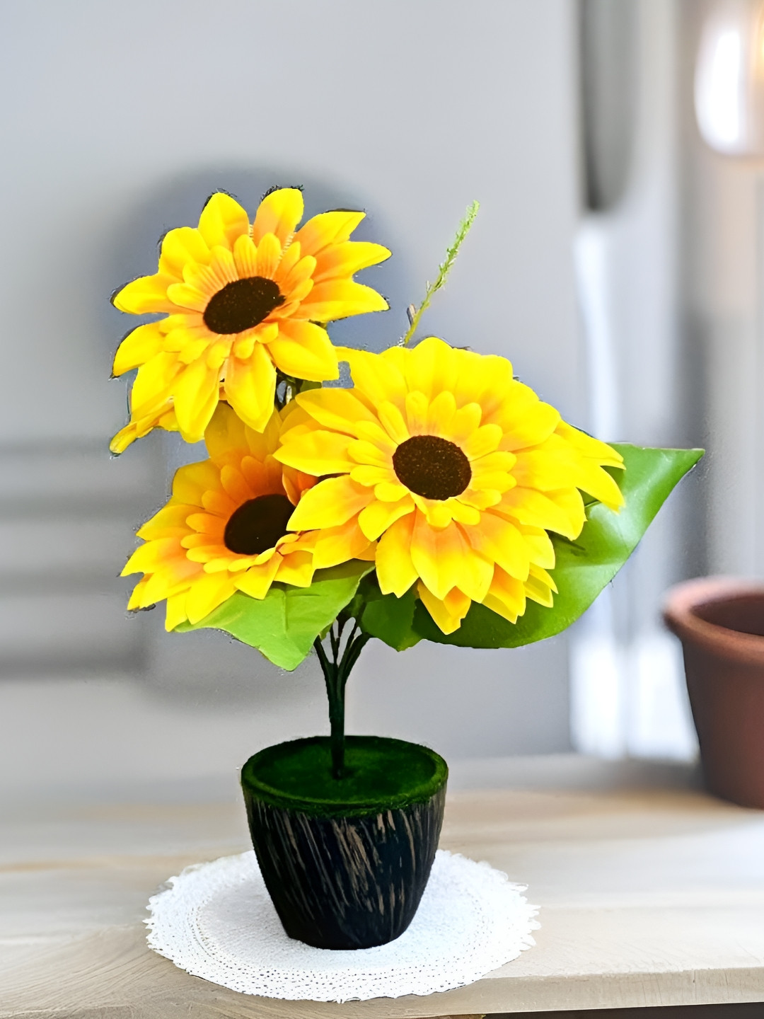 Akaar Yellow & Green Sunflower Artificial Flower With Pot