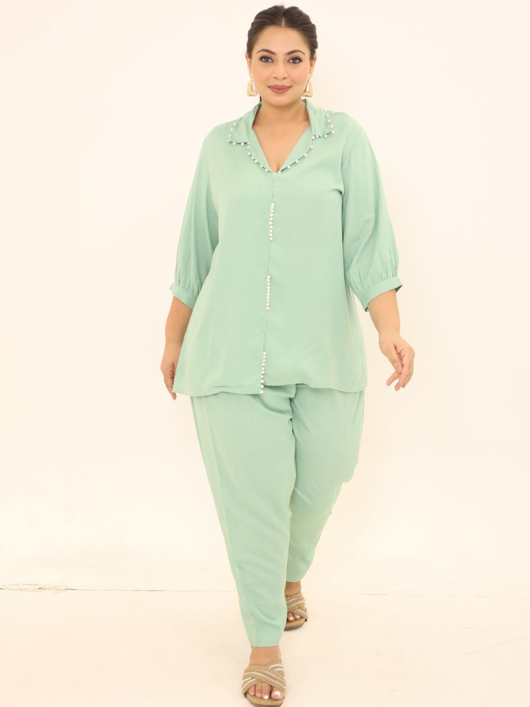 Swadeshi Shringaar Shirt Collar Beaded Top & Trouser