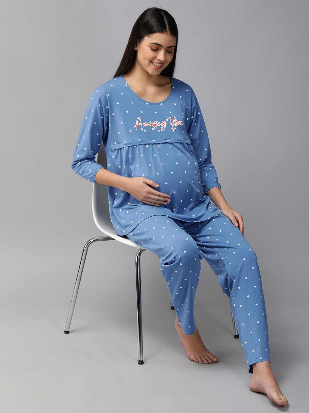 Zeyo Women Blue & White Conversational Printed Cotton Maternity Pyjama Set