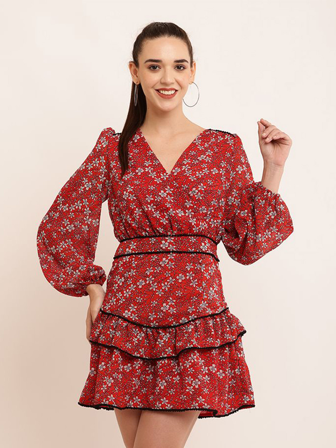 NoBarr Floral Printed Puff Sleeve Fit & Flare Mini Dress