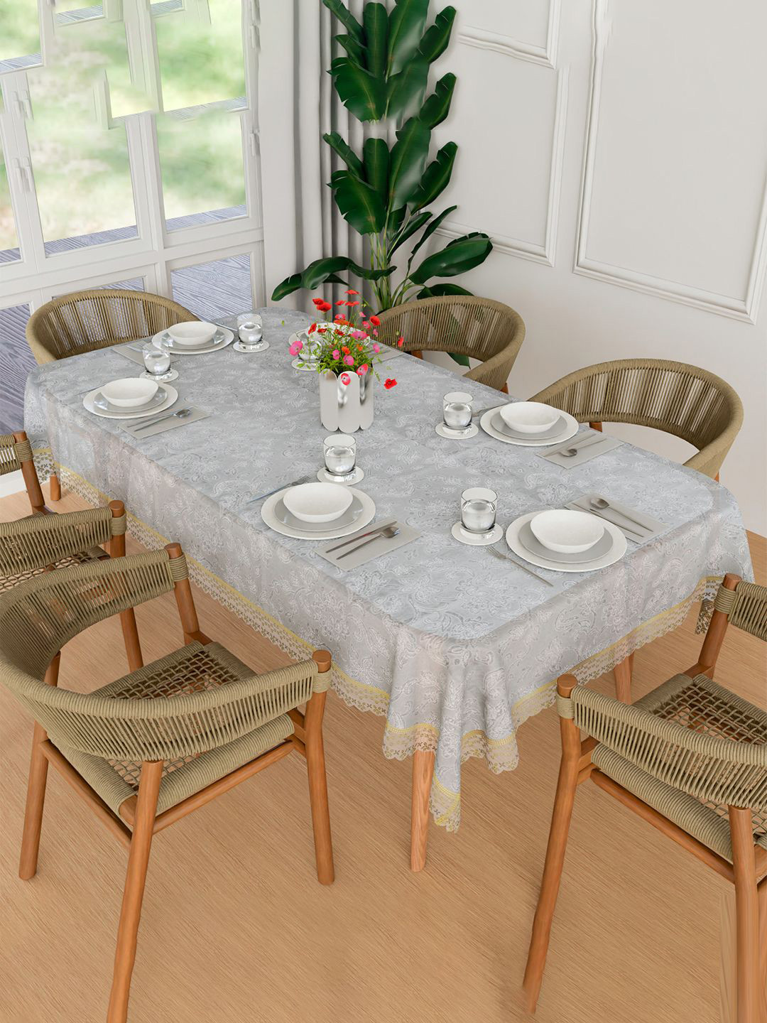 Kuber Industries Golden Embossed Transparent Printed Waterproof 6-Seater Table Cover