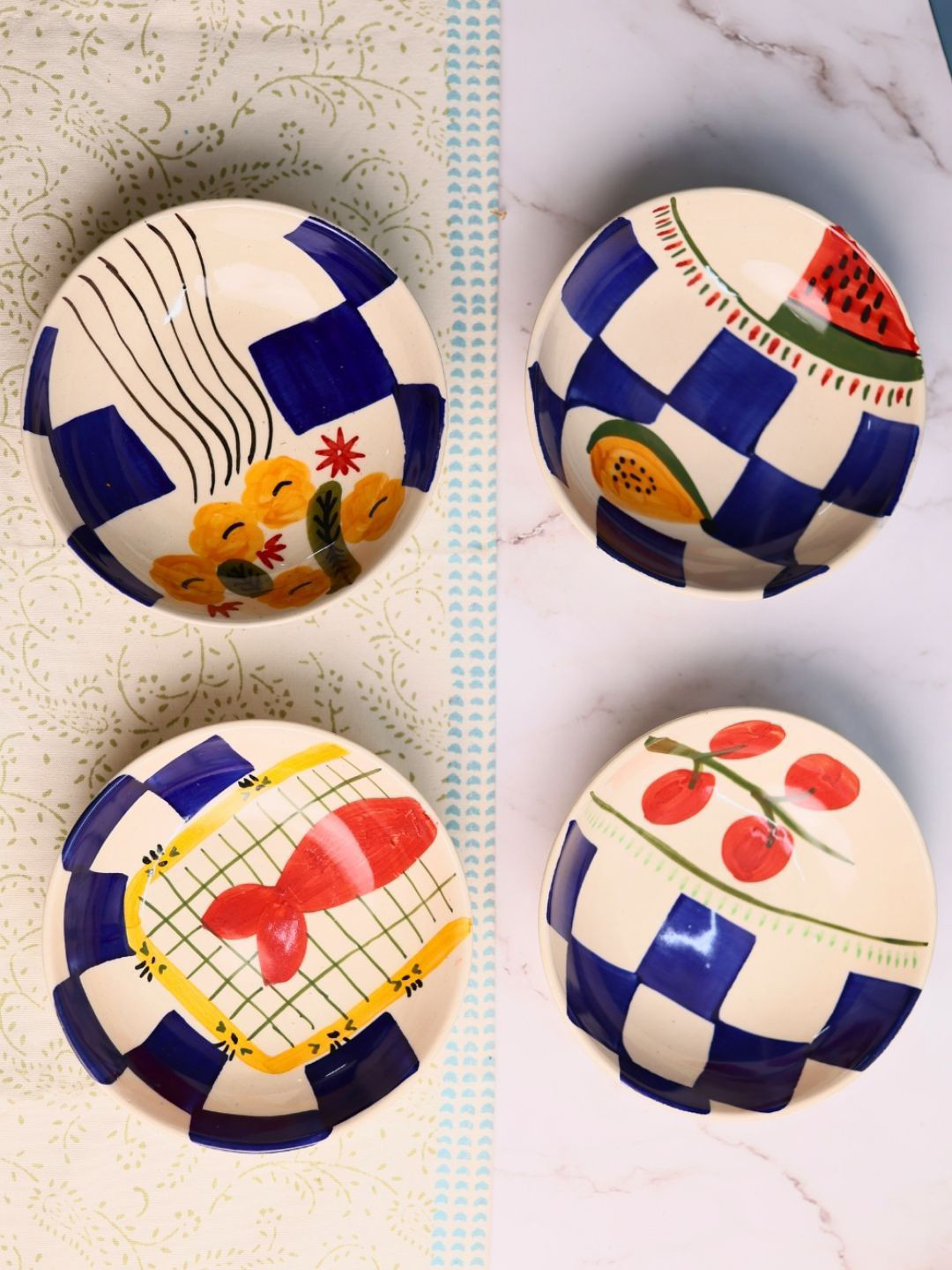 WEAVING HOMES Blue & White 4 Pieces Checked Printed Ceramic Serving Bowls