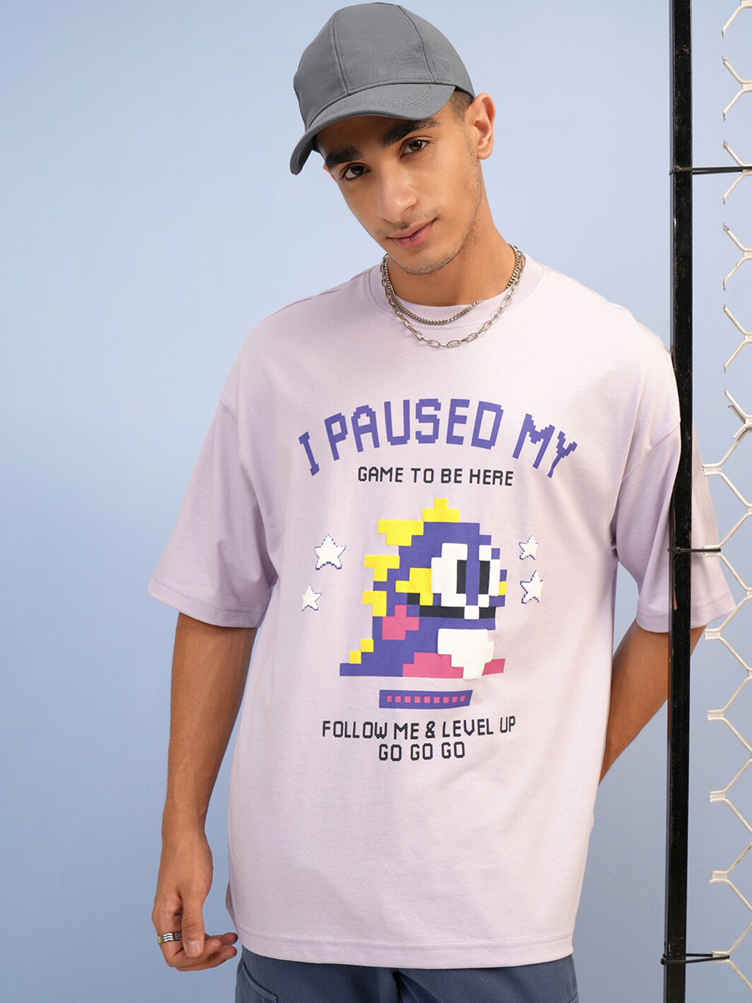 Mauve Typography Printed Oversized T-shirt with Round Neck