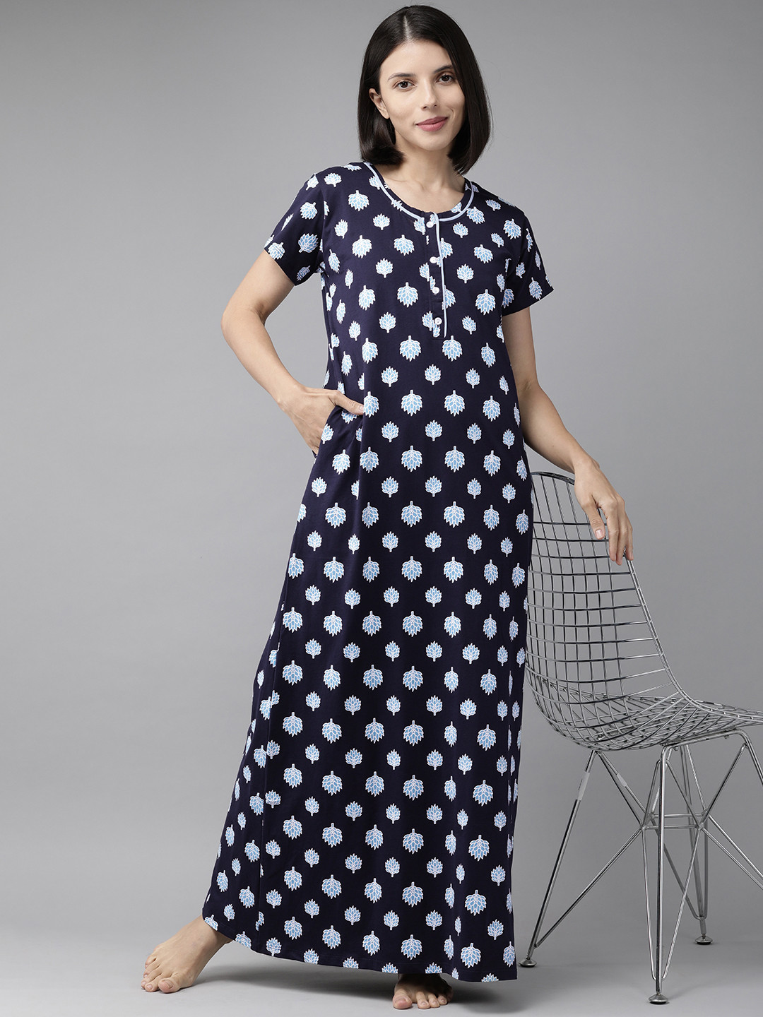 Zeyo Navy Blue Printed Cotton Maxi Nightdress