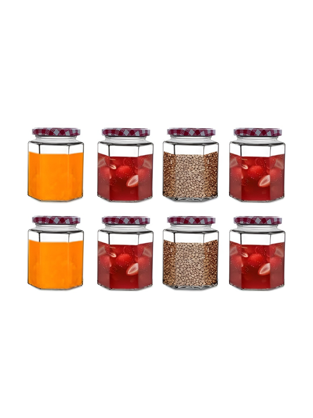 CROCO JAR Transparent and Red 8 Pieces Hexagonal Shape Storage Glass Container 250ml