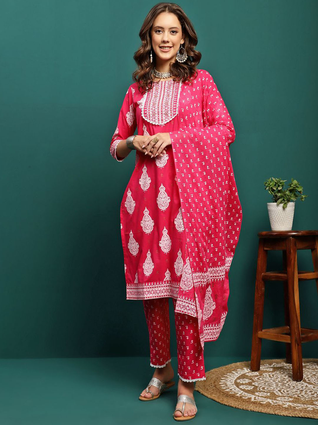 BANDIA Floral Printed Mirror Work Pure Cotton Straight Kurta With Trousers & Dupatta