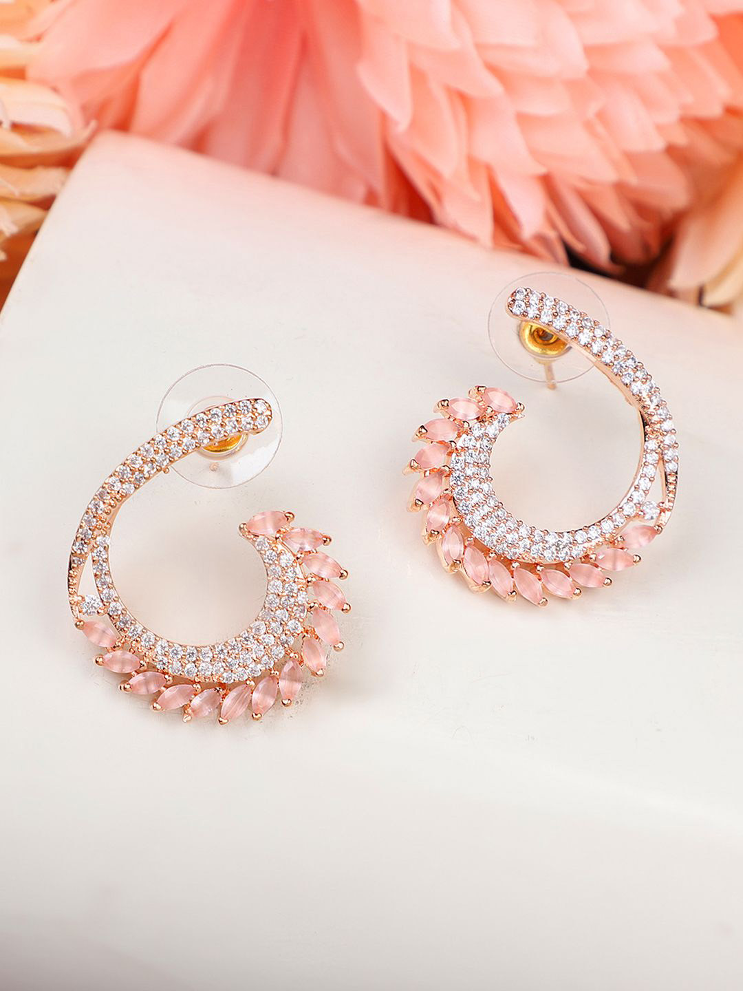 MODE MANIA Rose Gold-Plated American Diamond Studded Contemporary Half Hoop Earrings