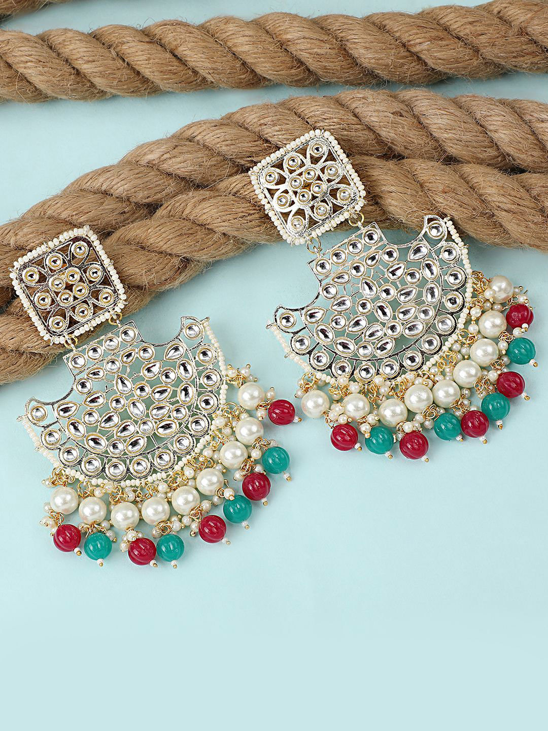 MODE MANIA Gold-Plated Kundan Studded & Beaded Crescent Shaped Chandbalis