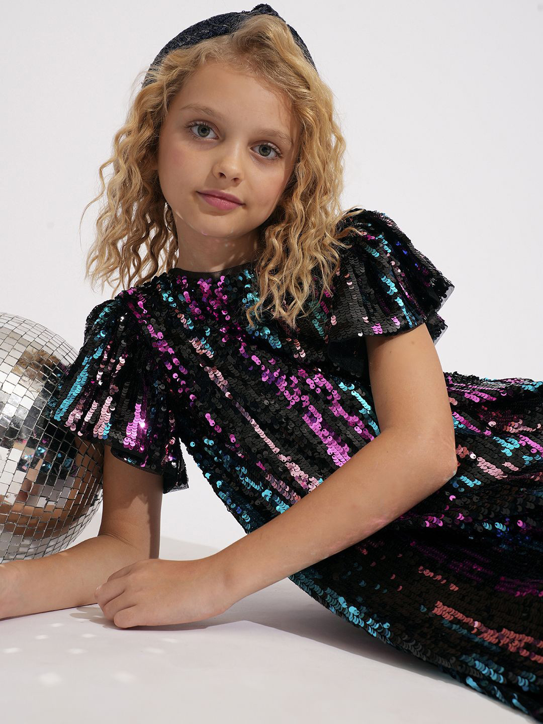Vero Moda Girls Sequined Flared Sleeve A-Line Above Knee Dress