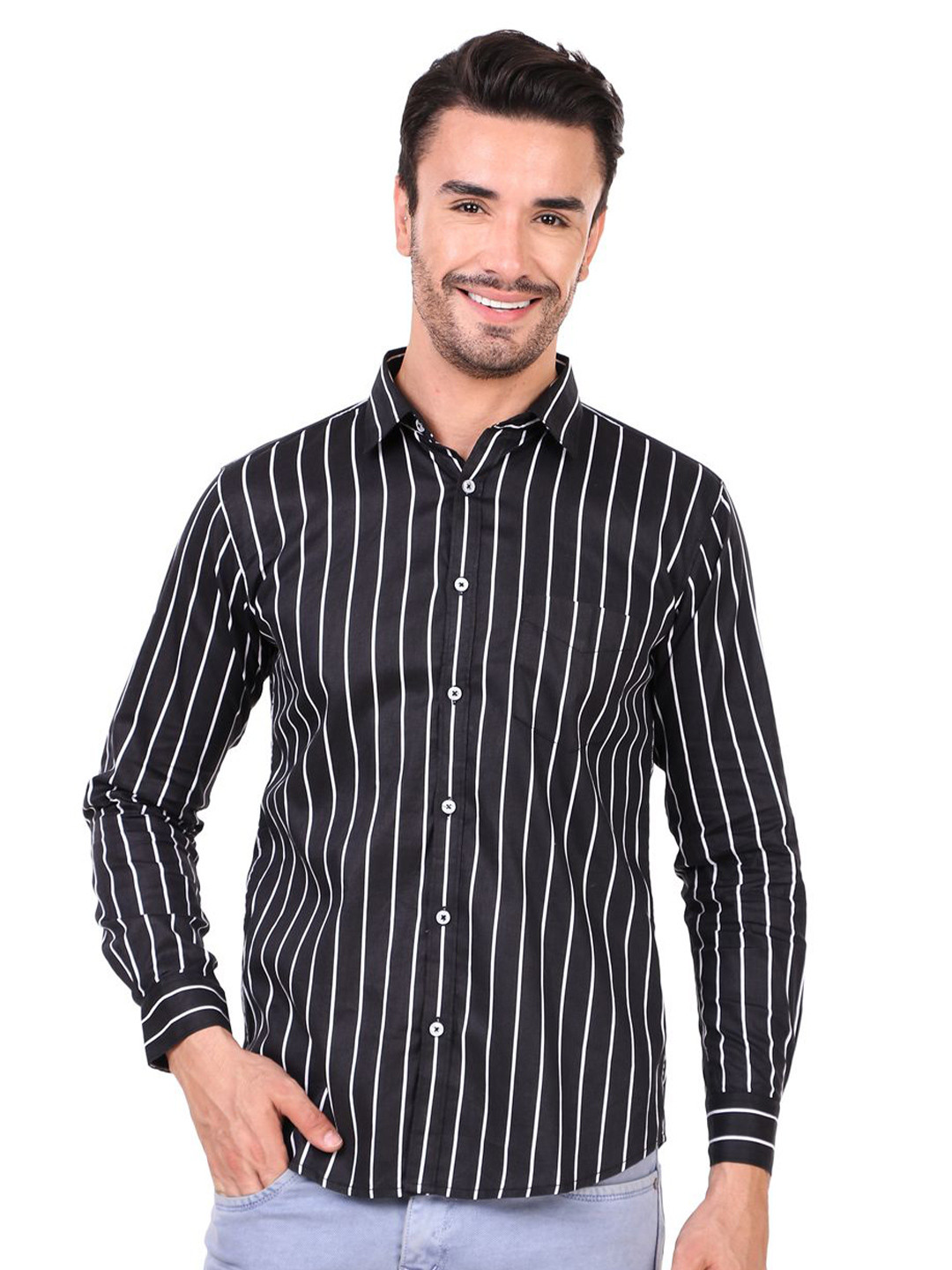 Design up Men Slim Fit Vertical Black Striped Pure Cotton Casual Shirt