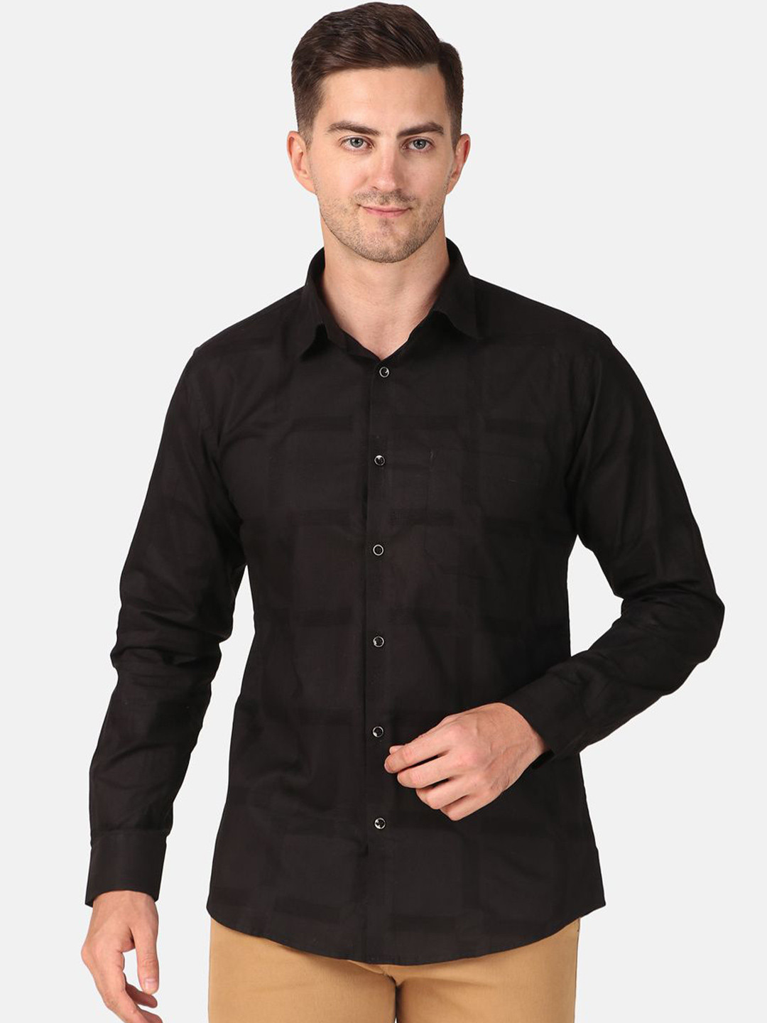 DESIGN UP Men Classic Spread Collar Solid Cotton Slim Fit Casual Shirt