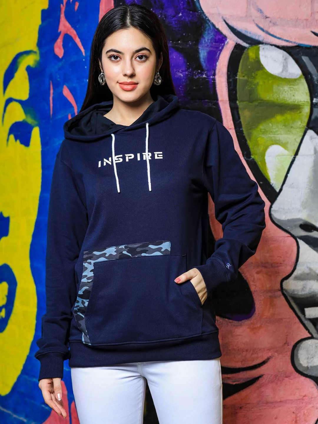 One Sky Women Tommy Typography Printed Hooded Pockets Cotton T-Shirt