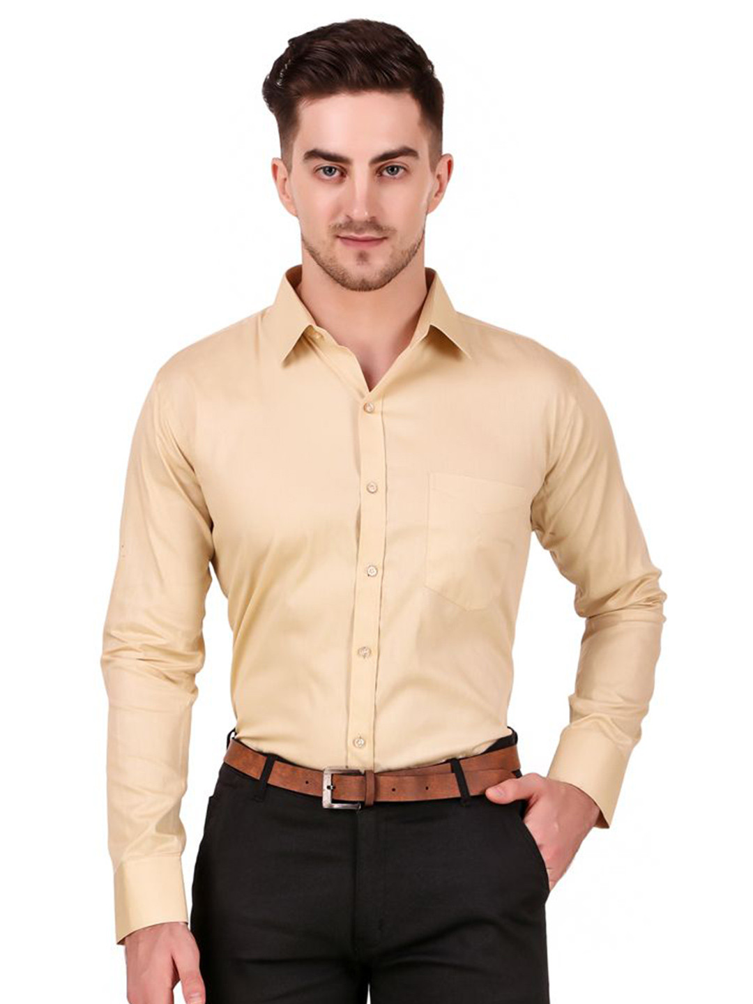 Design up Men Beige Comfort Slim Fit Solid Twill Formal Shirt