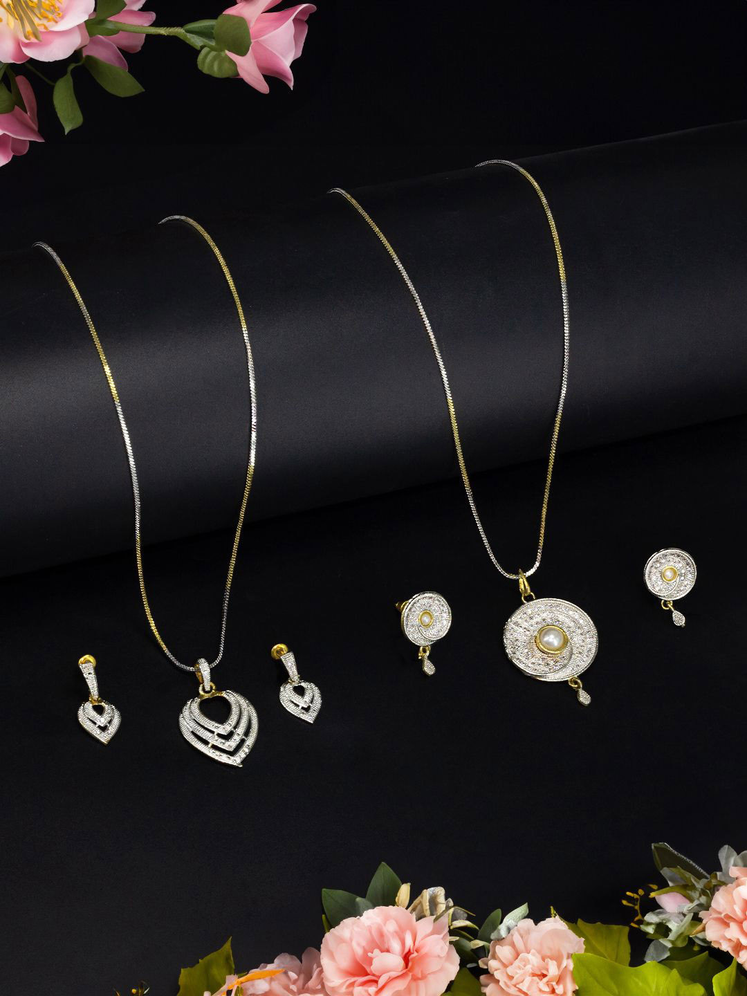 PRIVIU Set Of 2 Gold-Plated Cubic Zirconia Circular Pendants With Chains