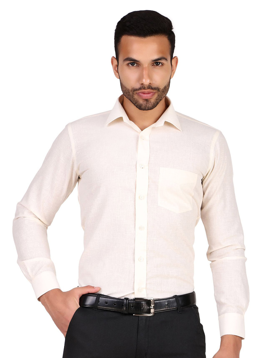Men Cream Solid Slim Fit Cotton Linen Formal Shirt