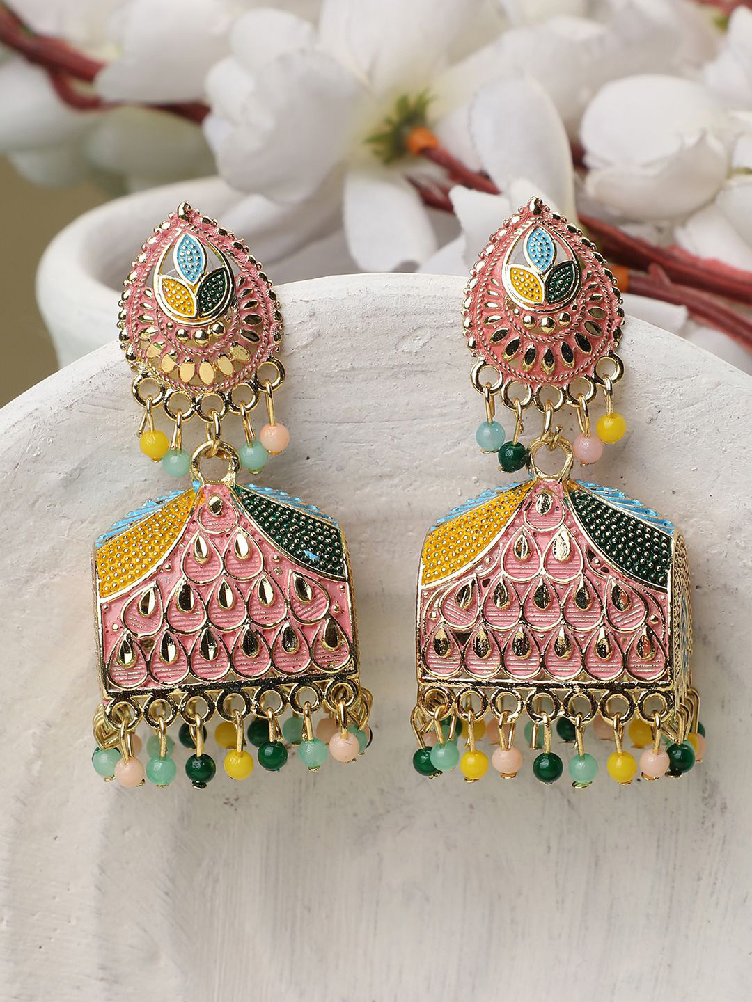 MODE MANIA Gold-Plated Pearls Dome Shaped Jhumkas