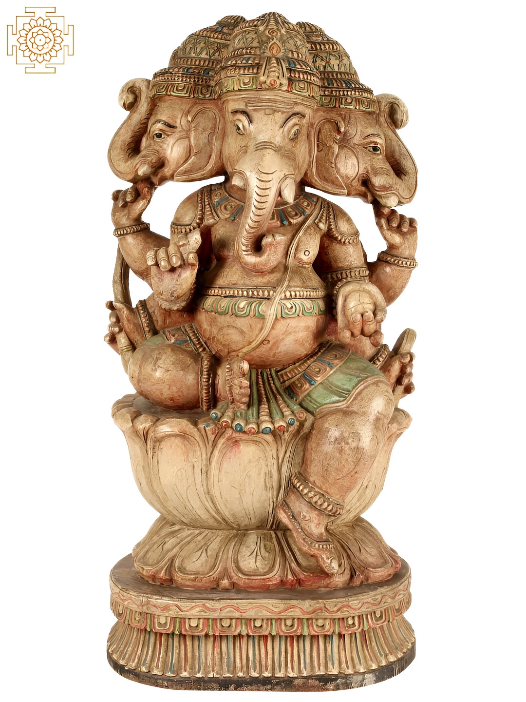 Exotic India Sitting Three Heads Lord Ganesha Beige Wood Natural Prayer Room Extra Large Showpiece - 34.3 Inches