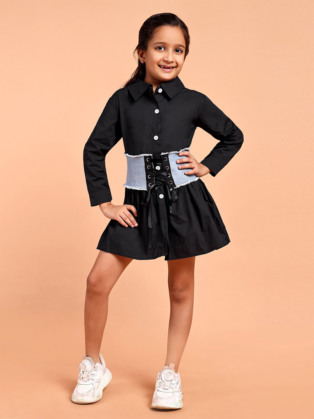 YK Shirt Girls Fit & Flare Solid Shirt Dress