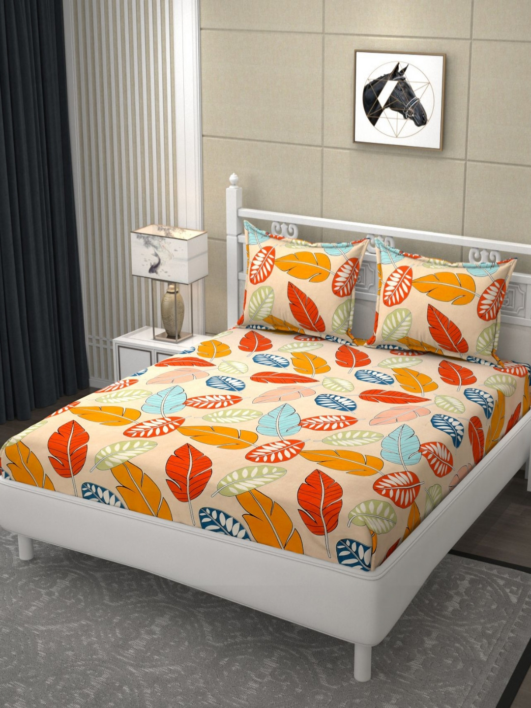 FINE TEX WORLD Corner Elastic Beige Leaf Microfiber 180 TC Fitted King Bedsheet with 2 Pillow Covers-72 x 78 inches