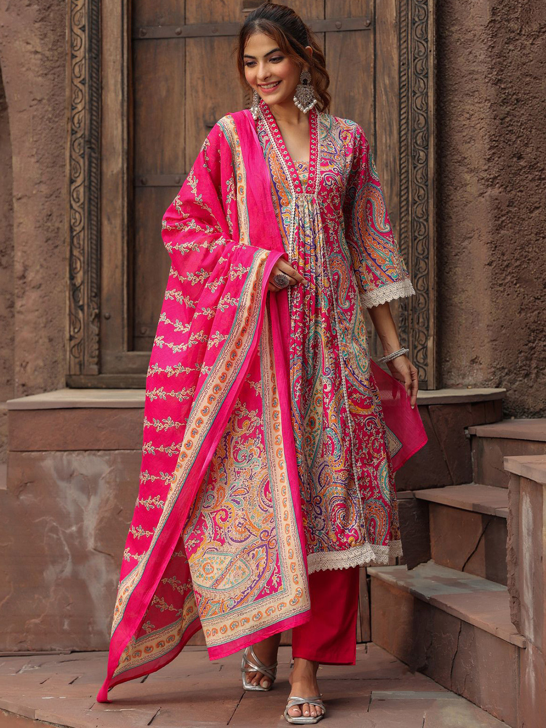 Rain & Rainbow Printed Thread Work Pure Cotton Anarkali Kurta with Trousers & Dupatta