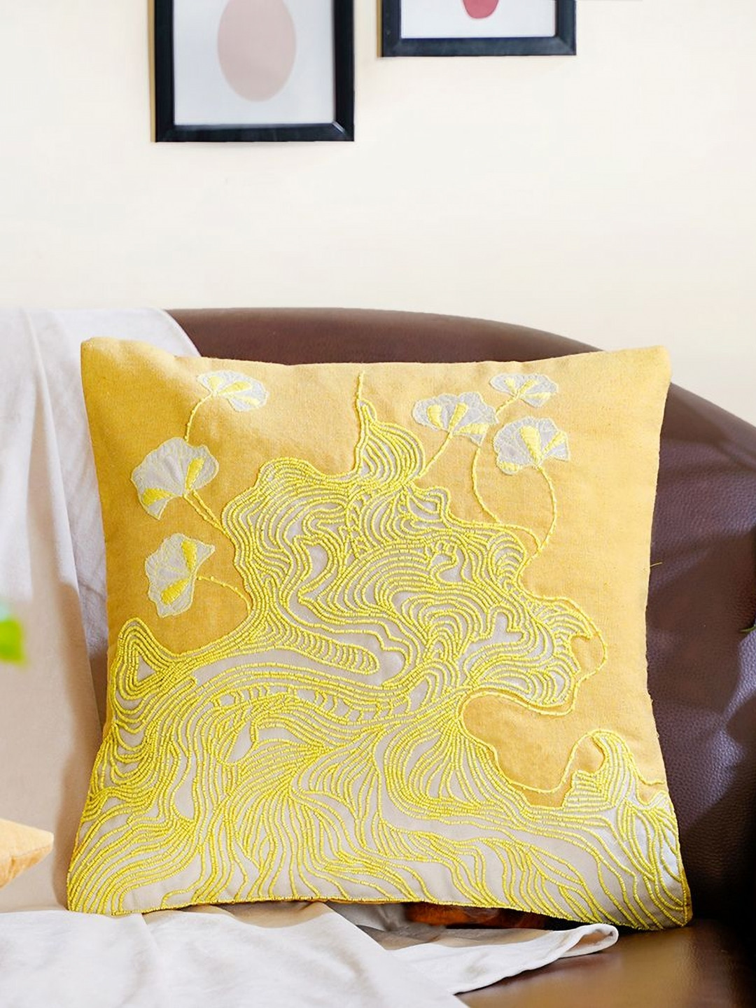 Mid July Home The Yellow morning Yellow Floral Embroidered Cotton Square Cushion Cover