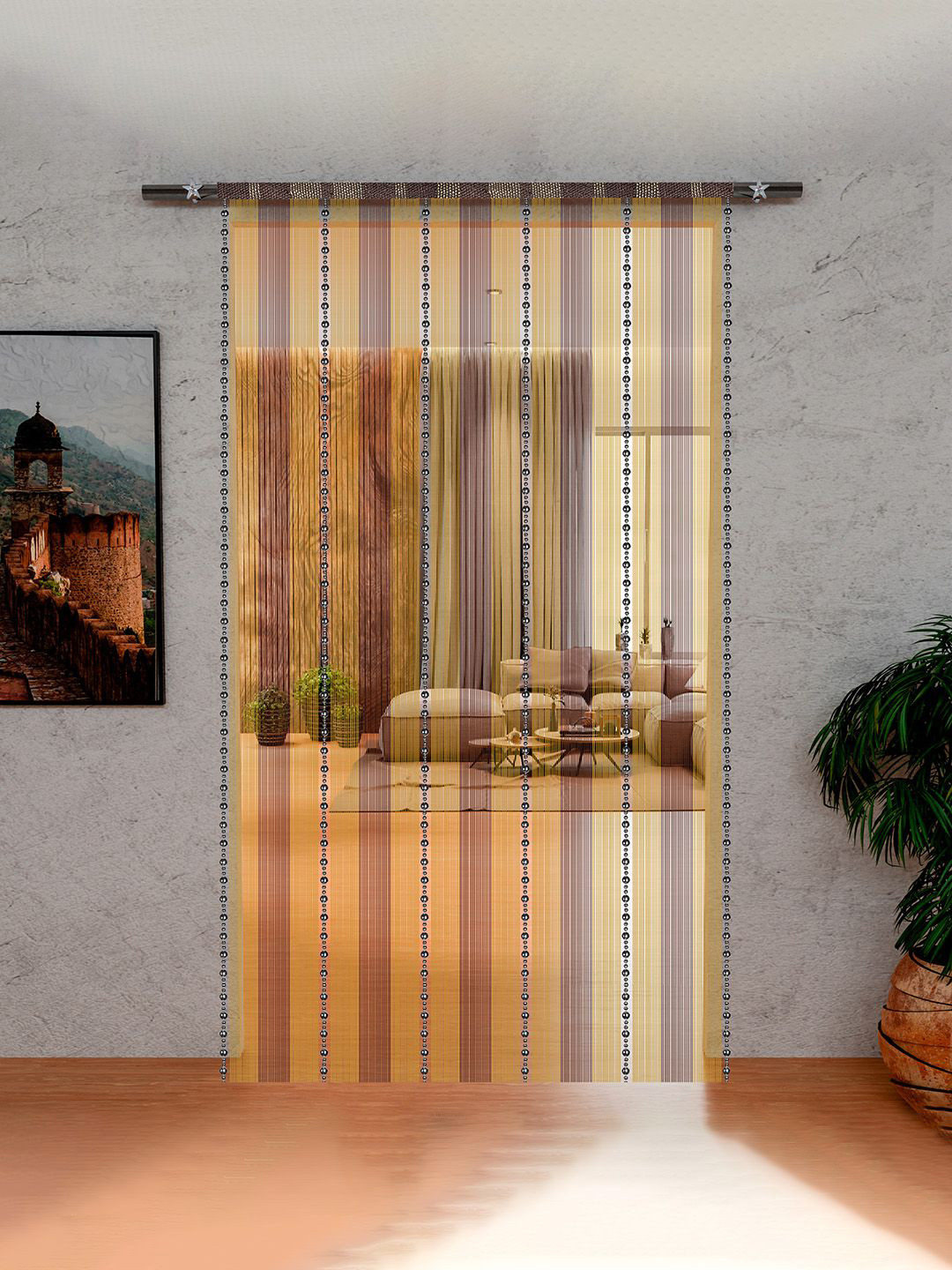 Kuber Industries Gold-Toned & Black Striped Door Curtain