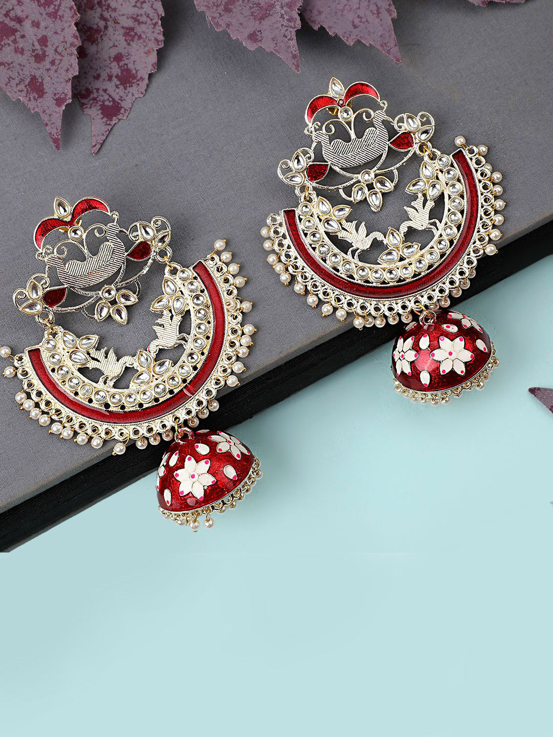 MODE MANIA Gold-Plated Kundan Studded & Beaded Crescent Shaped Chandbalis