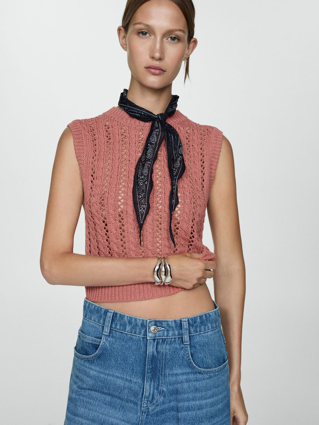 MANGO Women Cable Knit Crop Sweater Vest